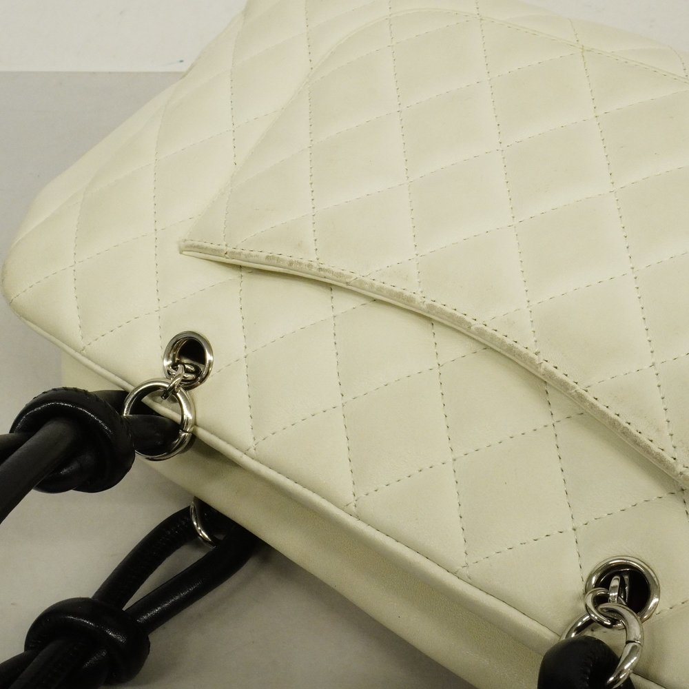 Auth Chanel Shoulder Bag Cambon Line Bowling Bag Lambskin White/Black Silver ... - Picture 7 of 10